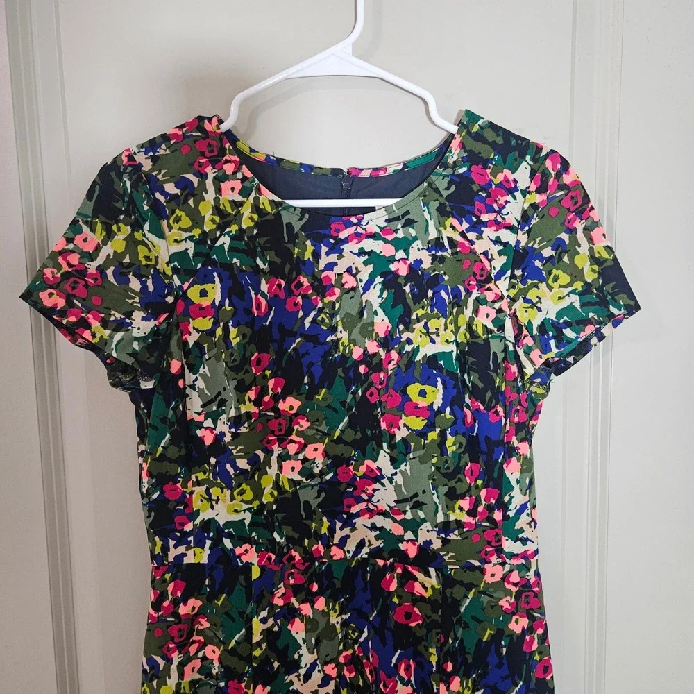 J. Crew Women Abstract Floral Fit & Flare Dress Green Pink Blue Size 4